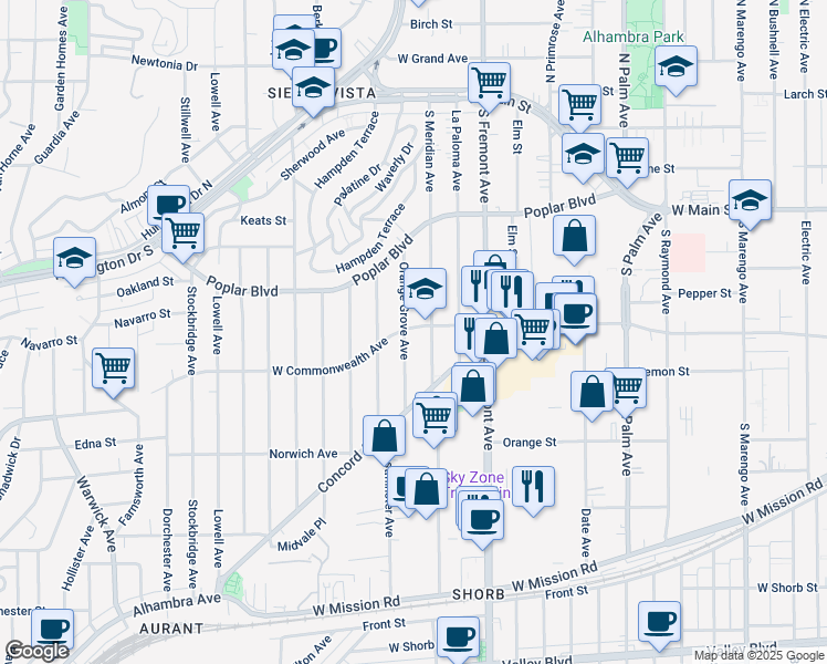 map of restaurants, bars, coffee shops, grocery stores, and more near 600 Orange Grove Ave in Alhambra