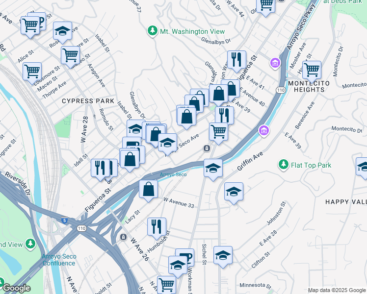 map of restaurants, bars, coffee shops, grocery stores, and more near 3466 Arroyo Seco Avenue in Los Angeles