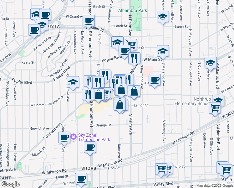 map of restaurants, bars, coffee shops, grocery stores, and more near 2310 West Commonwealth Avenue in Alhambra