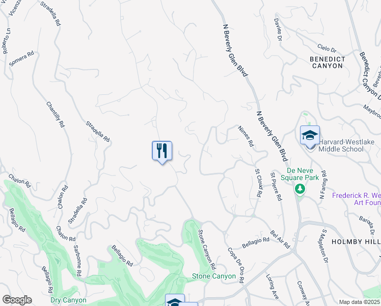 map of restaurants, bars, coffee shops, grocery stores, and more near 780 Tortuoso Way in Los Angeles