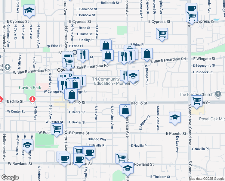map of restaurants, bars, coffee shops, grocery stores, and more near 200 North San Jose Avenue in Covina