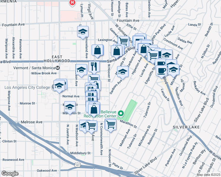 map of restaurants, bars, coffee shops, grocery stores, and more near 850 North Hoover Street in Los Angeles