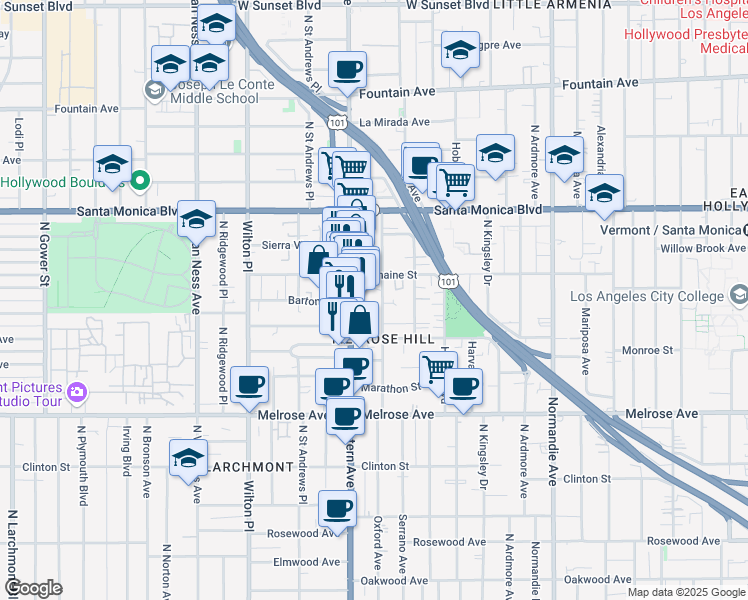 map of restaurants, bars, coffee shops, grocery stores, and more near 945 North Oxford Avenue in Los Angeles