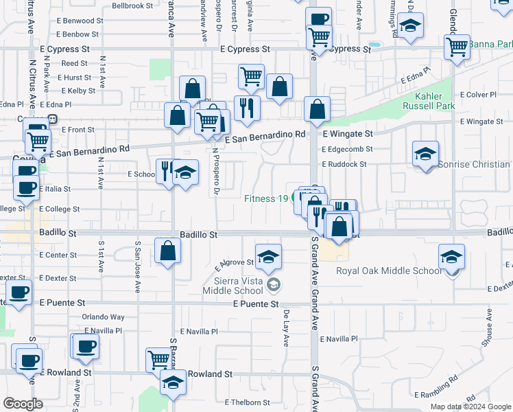 map of restaurants, bars, coffee shops, grocery stores, and more near 168 North Forestdale Avenue in Covina