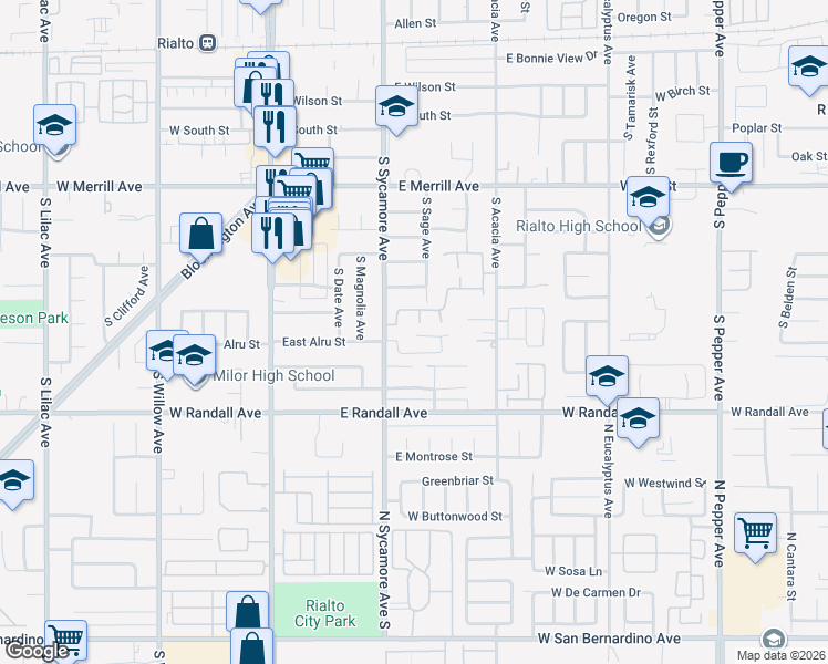 map of restaurants, bars, coffee shops, grocery stores, and more near 745 South Sage Avenue in Rialto