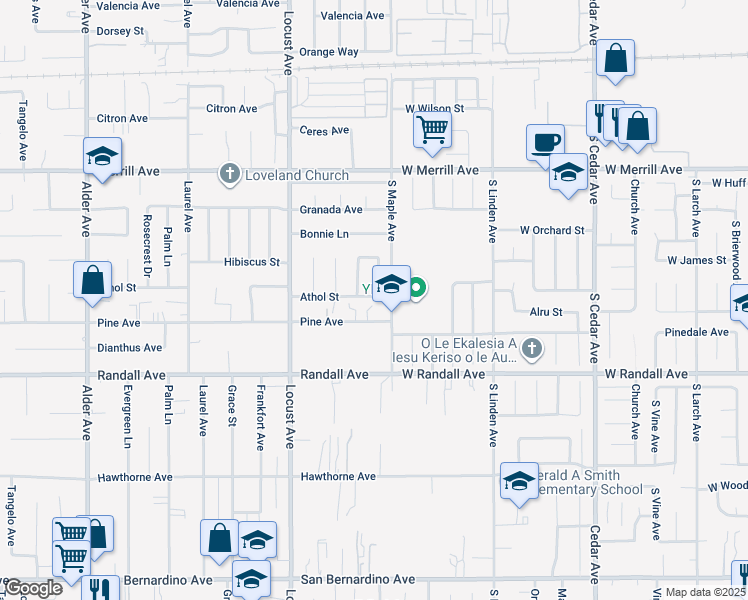 map of restaurants, bars, coffee shops, grocery stores, and more near 18240 Athol Street in Fontana