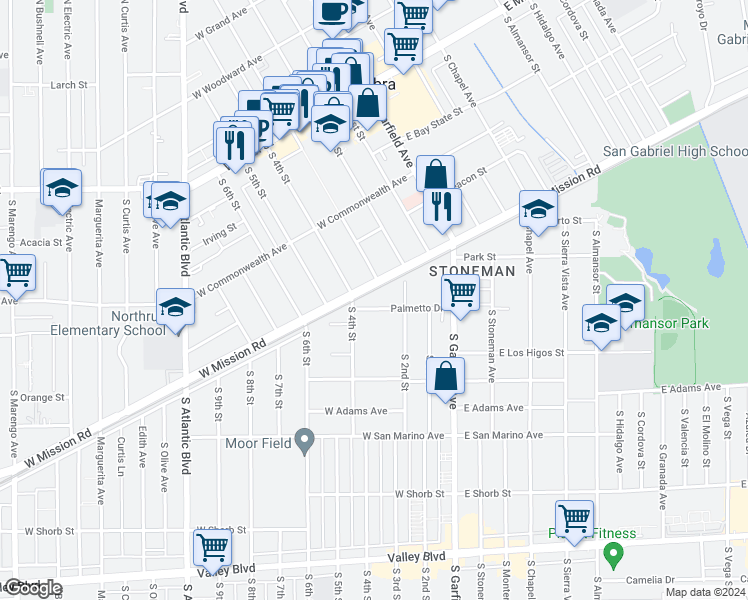 map of restaurants, bars, coffee shops, grocery stores, and more near 225 Palmetto Drive in Alhambra
