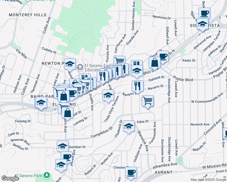 map of restaurants, bars, coffee shops, grocery stores, and more near 5112 Oakland Street in Los Angeles