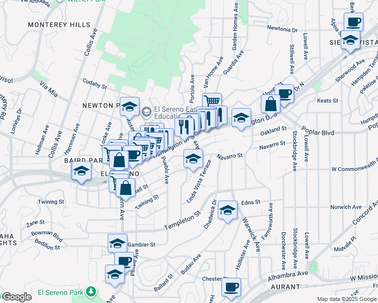 map of restaurants, bars, coffee shops, grocery stores, and more near 5021 Navarro Street in Los Angeles