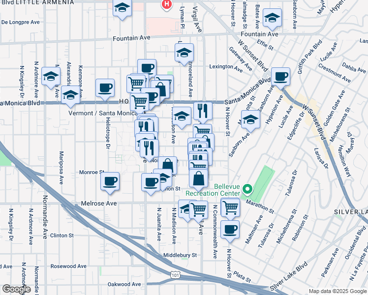 map of restaurants, bars, coffee shops, grocery stores, and more near 4346 Burns Avenue in Los Angeles