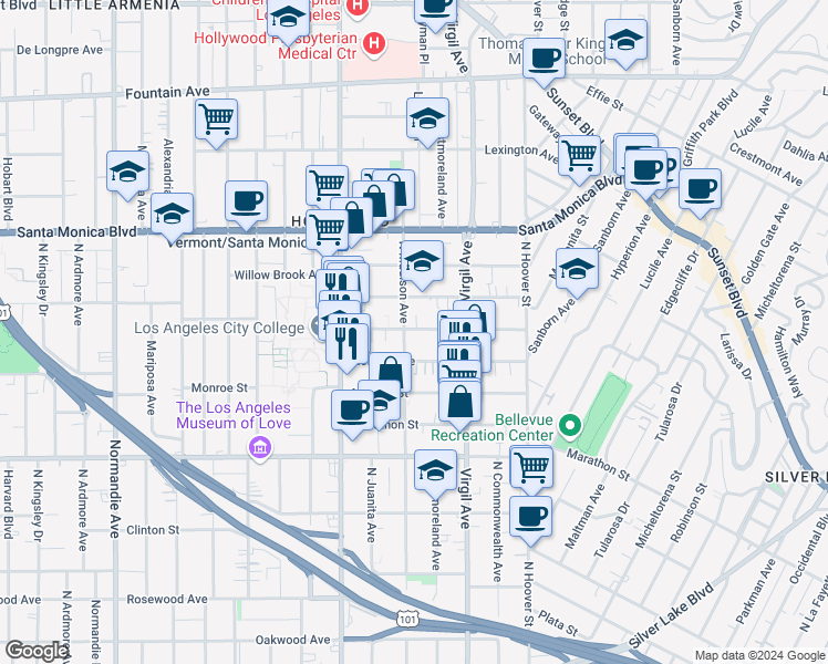 map of restaurants, bars, coffee shops, grocery stores, and more near 4346 Burns Avenue in Los Angeles
