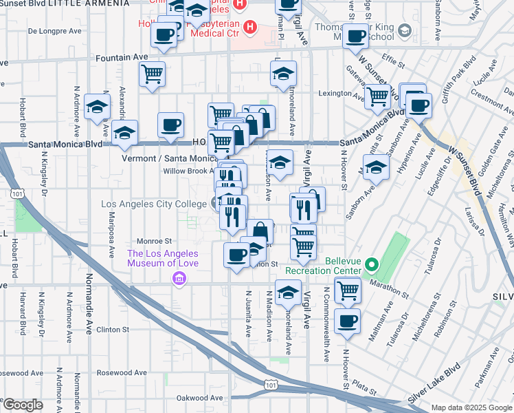 map of restaurants, bars, coffee shops, grocery stores, and more near 4420 Burns Avenue in Los Angeles