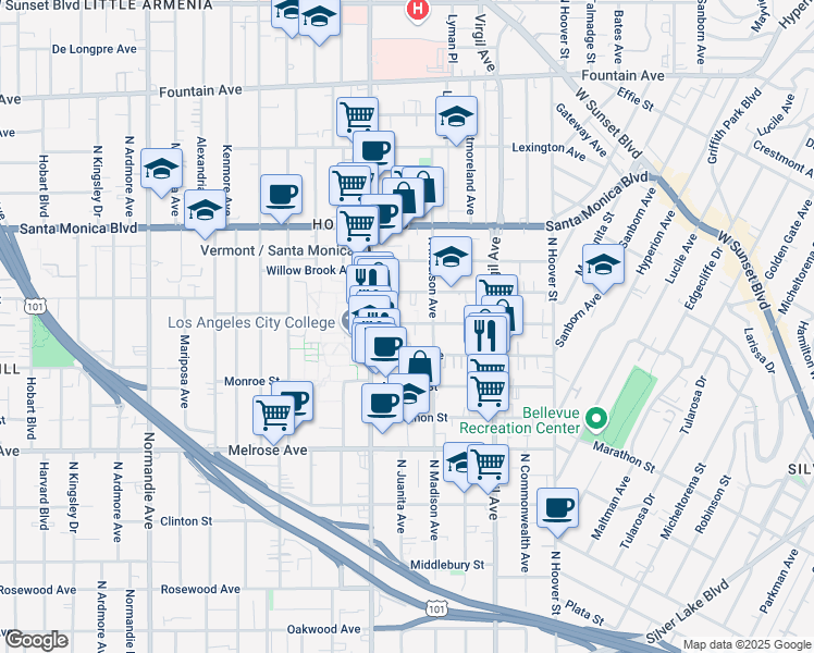 map of restaurants, bars, coffee shops, grocery stores, and more near 4420 Burns Avenue in Los Angeles