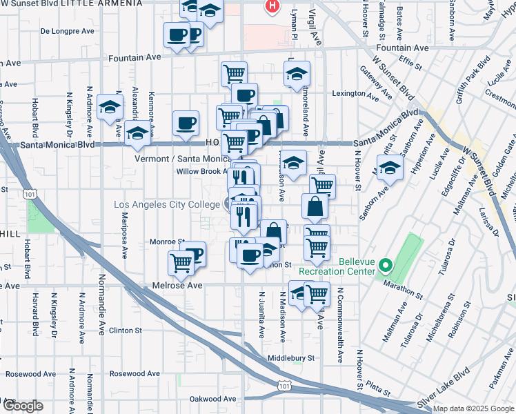 map of restaurants, bars, coffee shops, grocery stores, and more near 876 North Vermont Avenue in Los Angeles
