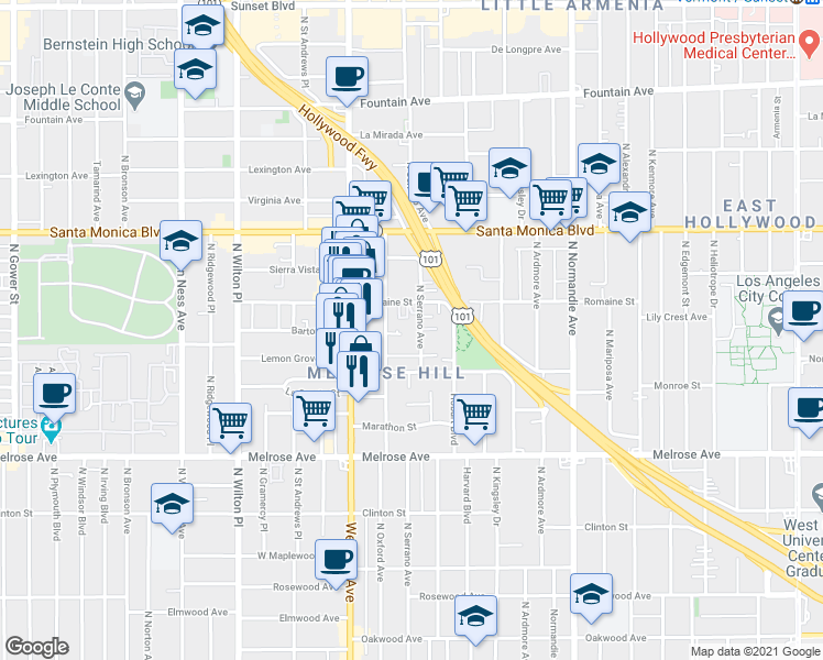 map of restaurants, bars, coffee shops, grocery stores, and more near 942 1/2 North Serrano Avenue in Los Angeles