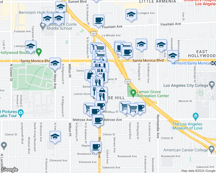 map of restaurants, bars, coffee shops, grocery stores, and more near 943 North Oxford Avenue in Los Angeles