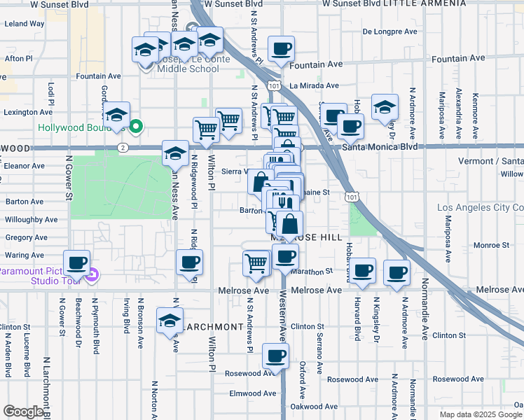 map of restaurants, bars, coffee shops, grocery stores, and more near 5446 Barton Avenue in Los Angeles