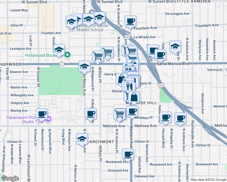map of restaurants, bars, coffee shops, grocery stores, and more near 5446 Barton Avenue in Los Angeles