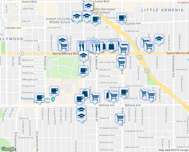 map of restaurants, bars, coffee shops, grocery stores, and more near in Los Angeles