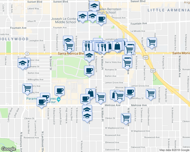 map of restaurants, bars, coffee shops, grocery stores, and more near 900 North Van Ness Avenue in Los Angeles