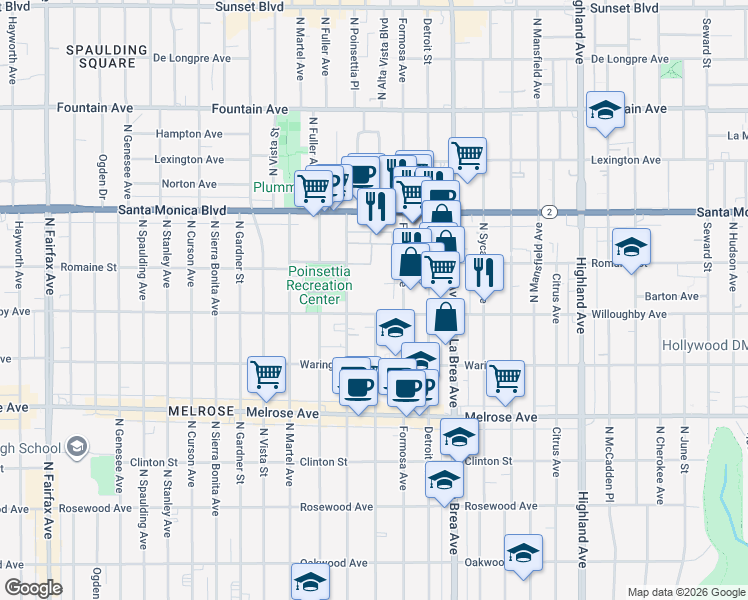 map of restaurants, bars, coffee shops, grocery stores, and more near 7215 Willoughby Avenue in Los Angeles