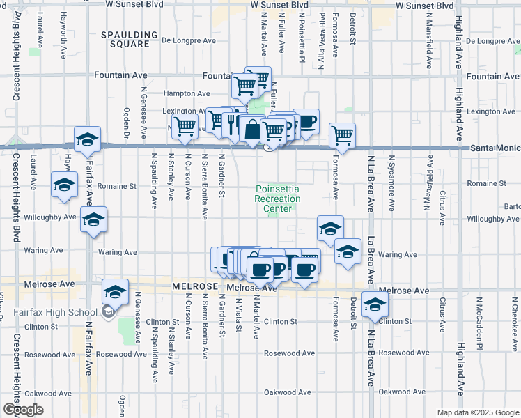 map of restaurants, bars, coffee shops, grocery stores, and more near 911 North Martel Avenue in Los Angeles