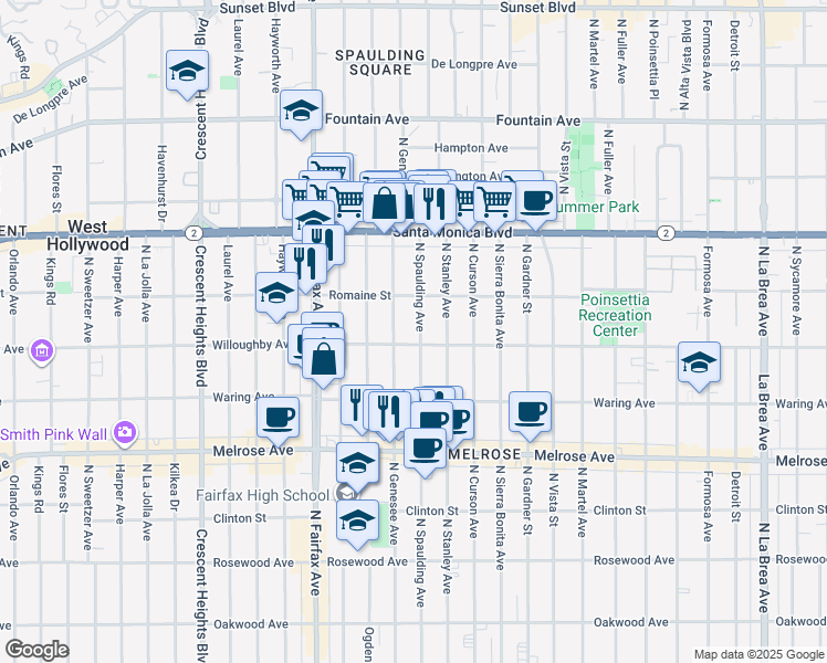 map of restaurants, bars, coffee shops, grocery stores, and more near 907 North Spaulding Avenue in West Hollywood