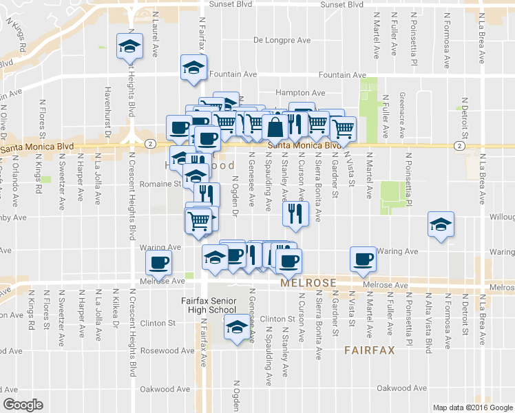 map of restaurants, bars, coffee shops, grocery stores, and more near 907 North Spaulding Avenue in West Hollywood
