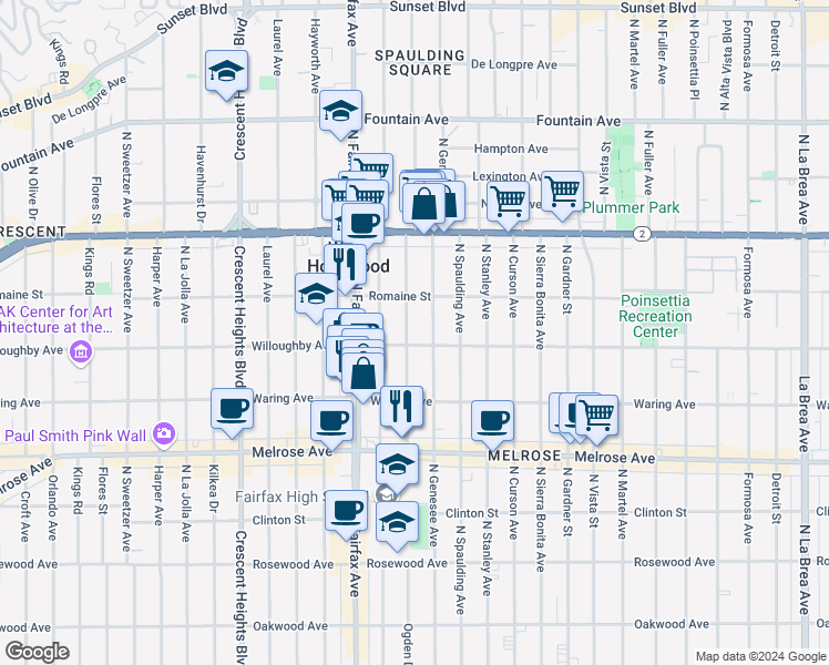 map of restaurants, bars, coffee shops, grocery stores, and more near 910 North Ogden Drive in West Hollywood