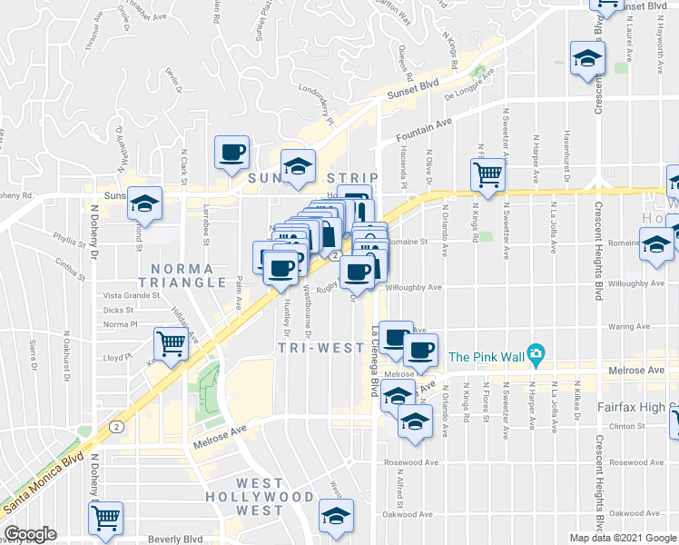map of restaurants, bars, coffee shops, grocery stores, and more near 8577 Rugby Drive in West Hollywood