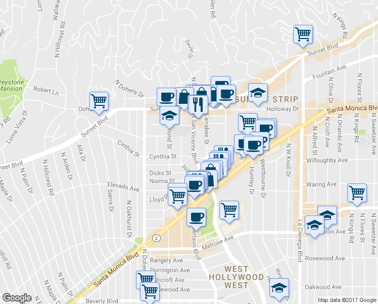 map of restaurants, bars, coffee shops, grocery stores, and more near in West Hollywood