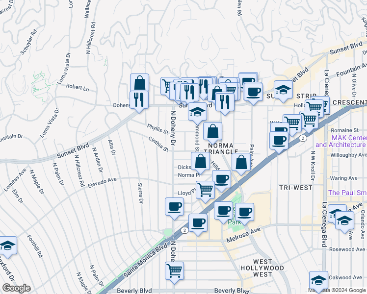 map of restaurants, bars, coffee shops, grocery stores, and more near 906 North Doheny Drive in West Hollywood