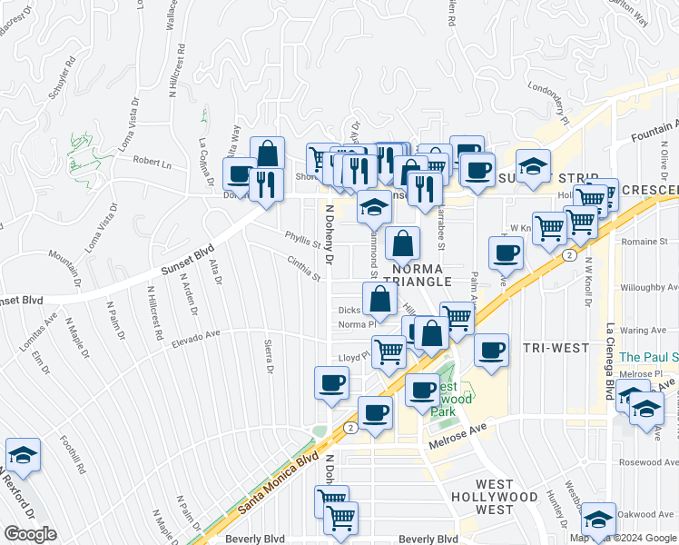 map of restaurants, bars, coffee shops, grocery stores, and more near 906 North Doheny Drive in West Hollywood