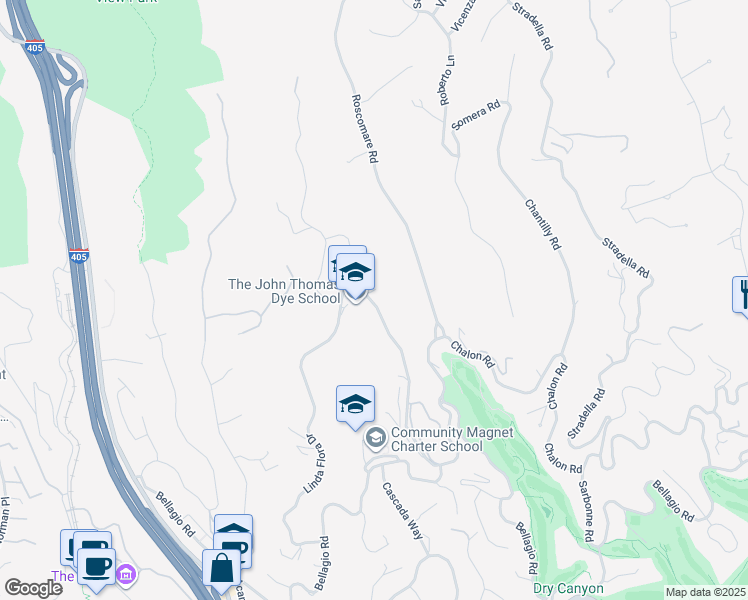map of restaurants, bars, coffee shops, grocery stores, and more near 11365 Chalon Road in Los Angeles