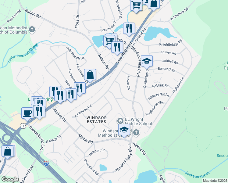 map of restaurants, bars, coffee shops, grocery stores, and more near 3081 Appleby Lane in Columbia