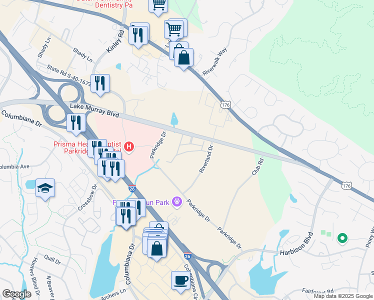 map of restaurants, bars, coffee shops, grocery stores, and more near 305 Lake Murray Boulevard in Irmo