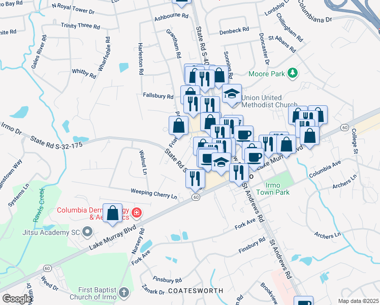 map of restaurants, bars, coffee shops, grocery stores, and more near 1103 Chipwood Court in Irmo
