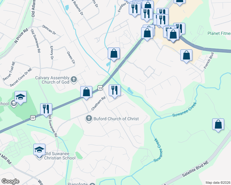 map of restaurants, bars, coffee shops, grocery stores, and more near 4317 Buford Valley Way in Buford