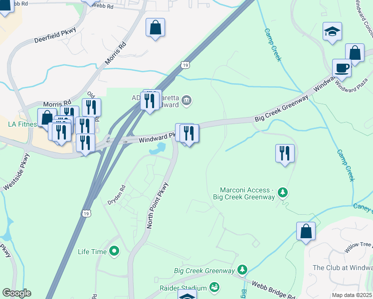 map of restaurants, bars, coffee shops, grocery stores, and more near 300 North Point Pkwy in Alpharetta
