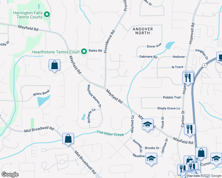 map of restaurants, bars, coffee shops, grocery stores, and more near 1830 Mayfield Road in Alpharetta