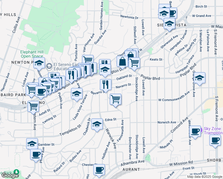 map of restaurants, bars, coffee shops, grocery stores, and more near 5302 Navarro Street in Los Angeles