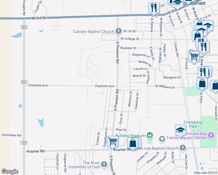 map of restaurants, bars, coffee shops, grocery stores, and more near 800 Sugarbush Ln in Burkburnett