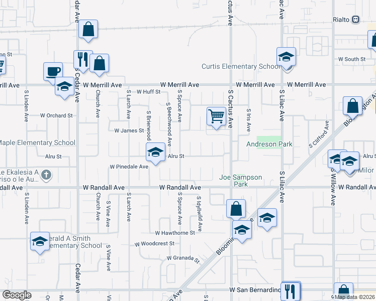 map of restaurants, bars, coffee shops, grocery stores, and more near 760 South Arrowhead Avenue in Rialto