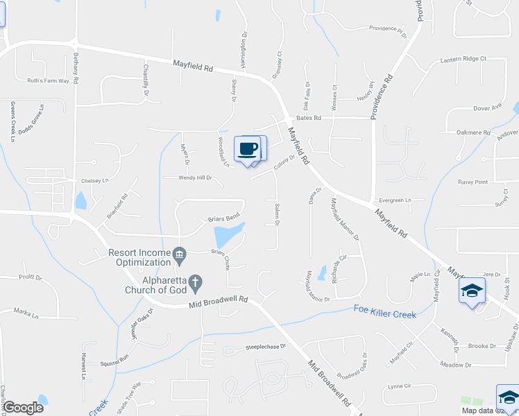 map of restaurants, bars, coffee shops, grocery stores, and more near 1420 Princeton Court in Alpharetta