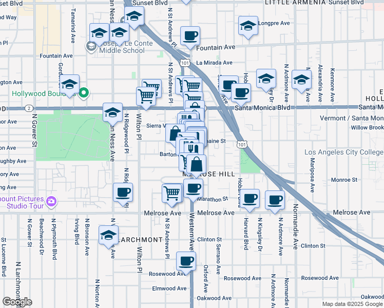 map of restaurants, bars, coffee shops, grocery stores, and more near 5390 Barton Avenue in Los Angeles