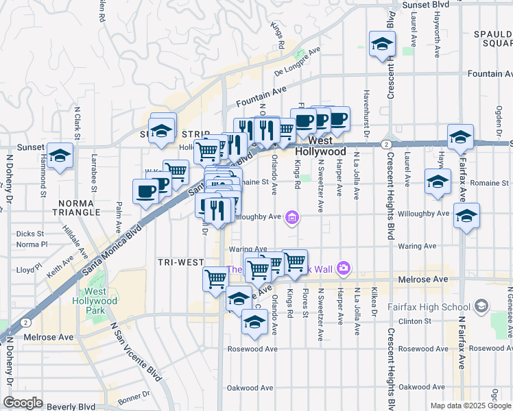 map of restaurants, bars, coffee shops, grocery stores, and more near 912 North Croft Avenue in Los Angeles