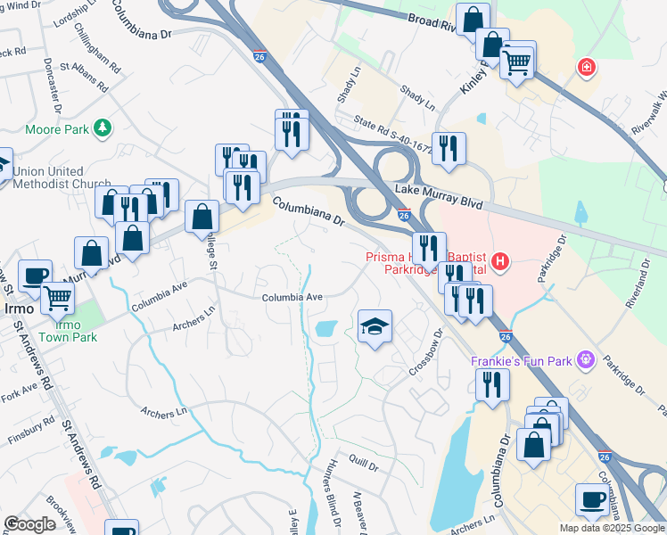 map of restaurants, bars, coffee shops, grocery stores, and more near 11 Split Rock Court in Irmo