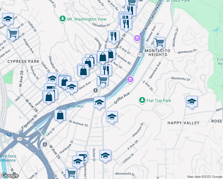 map of restaurants, bars, coffee shops, grocery stores, and more near 139 East Avenue 36 in Los Angeles