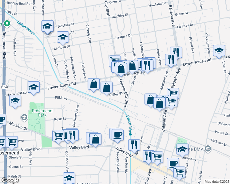 map of restaurants, bars, coffee shops, grocery stores, and more near 9613 Gidley Street in Temple City