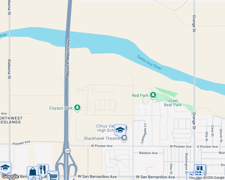 map of restaurants, bars, coffee shops, grocery stores, and more near 912 Lumia Circle in Redlands